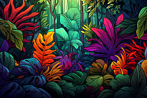 彩色热带雨林热带植物缤纷插画