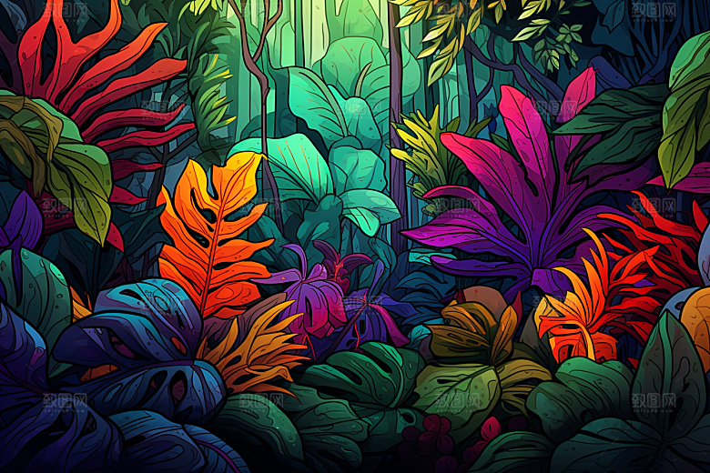 彩色热带雨林热带植物缤纷插画