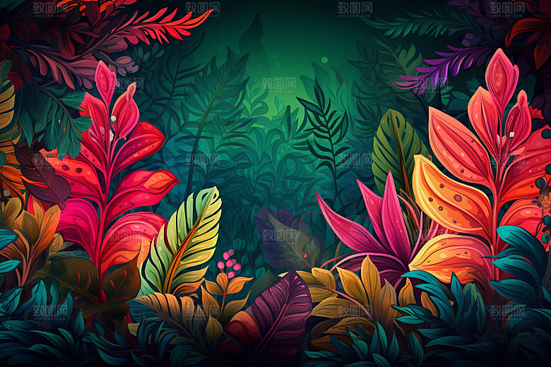 彩色热带雨林热带植物森林插画