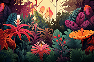 彩色热带雨林热带植物缤纷插画