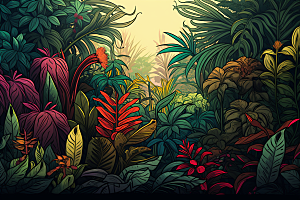 彩色热带雨林高清多彩插画