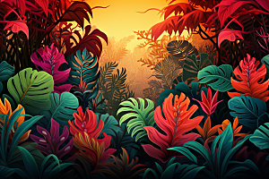 彩色热带雨林热带植物艺术插画