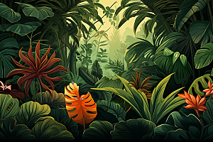 彩色热带雨林森林缤纷插画