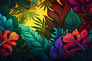 彩色热带雨林缤纷热带植物插画