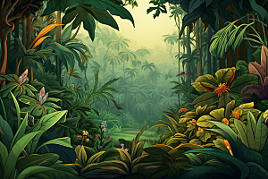 彩色热带雨林INS风自然插画