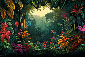彩色热带雨林清新热带植物插画