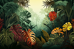 彩色热带雨林多彩热带植物插画