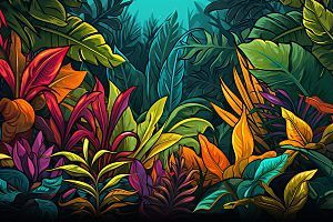 彩色热带雨林高清热带植物插画