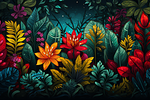 彩色热带雨林森林热带植物插画