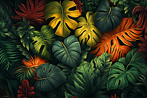 彩色热带雨林热带植物多彩插画