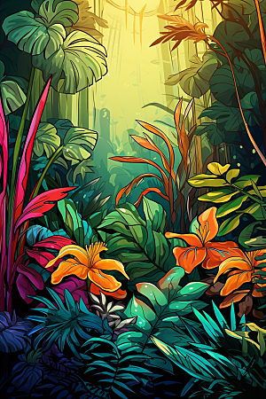 彩色热带雨林自然高清插画