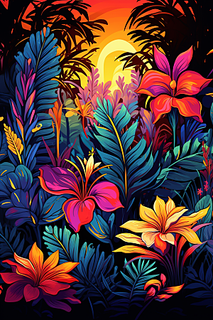 彩色热带雨林清新热带植物插画