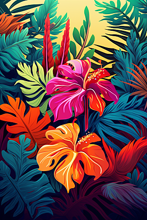 彩色热带雨林热带植物INS风插画