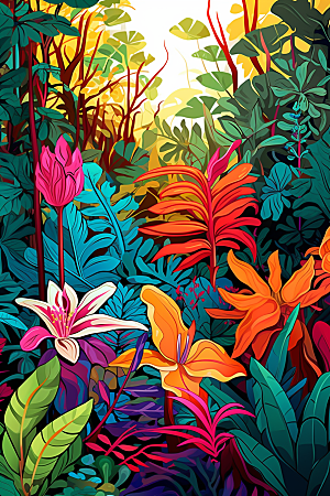 彩色热带雨林自然热带植物插画
