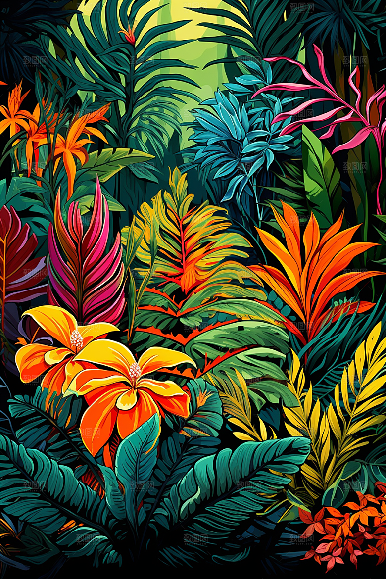 彩色热带雨林热带植物艺术插画