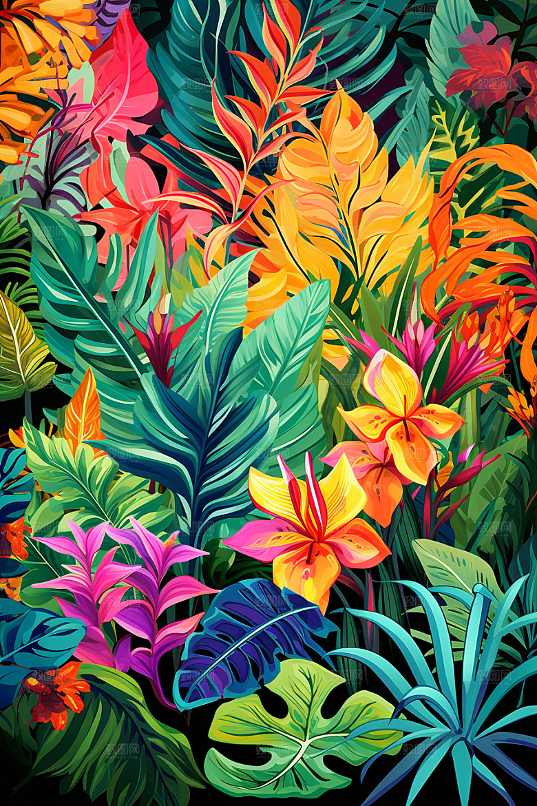 彩色热带雨林高清热带植物插画