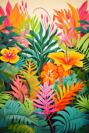 彩色热带雨林自然INS风插画