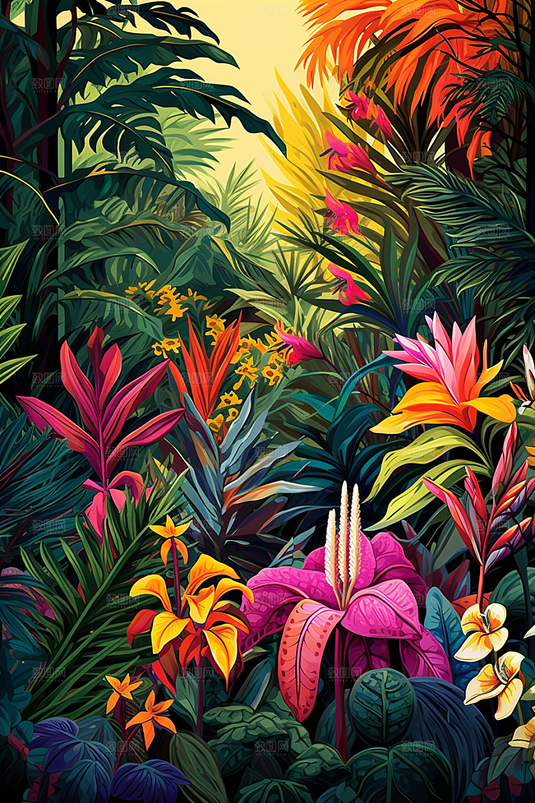彩色热带雨林缤纷热带植物插画
