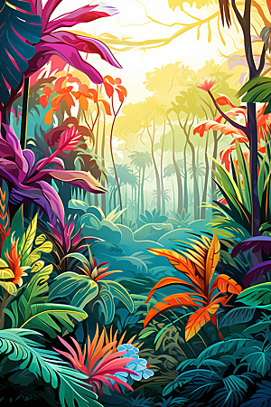 彩色热带雨林热带植物高清插画