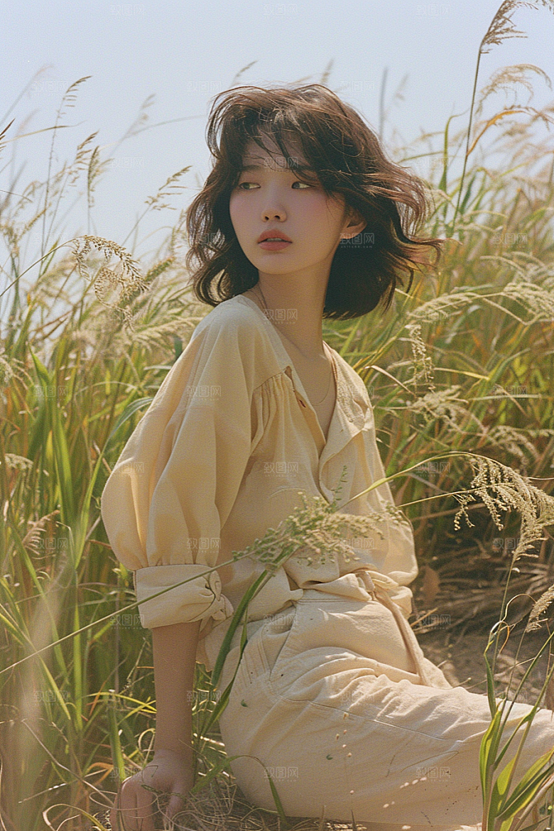 原野人像服装草地摄影图