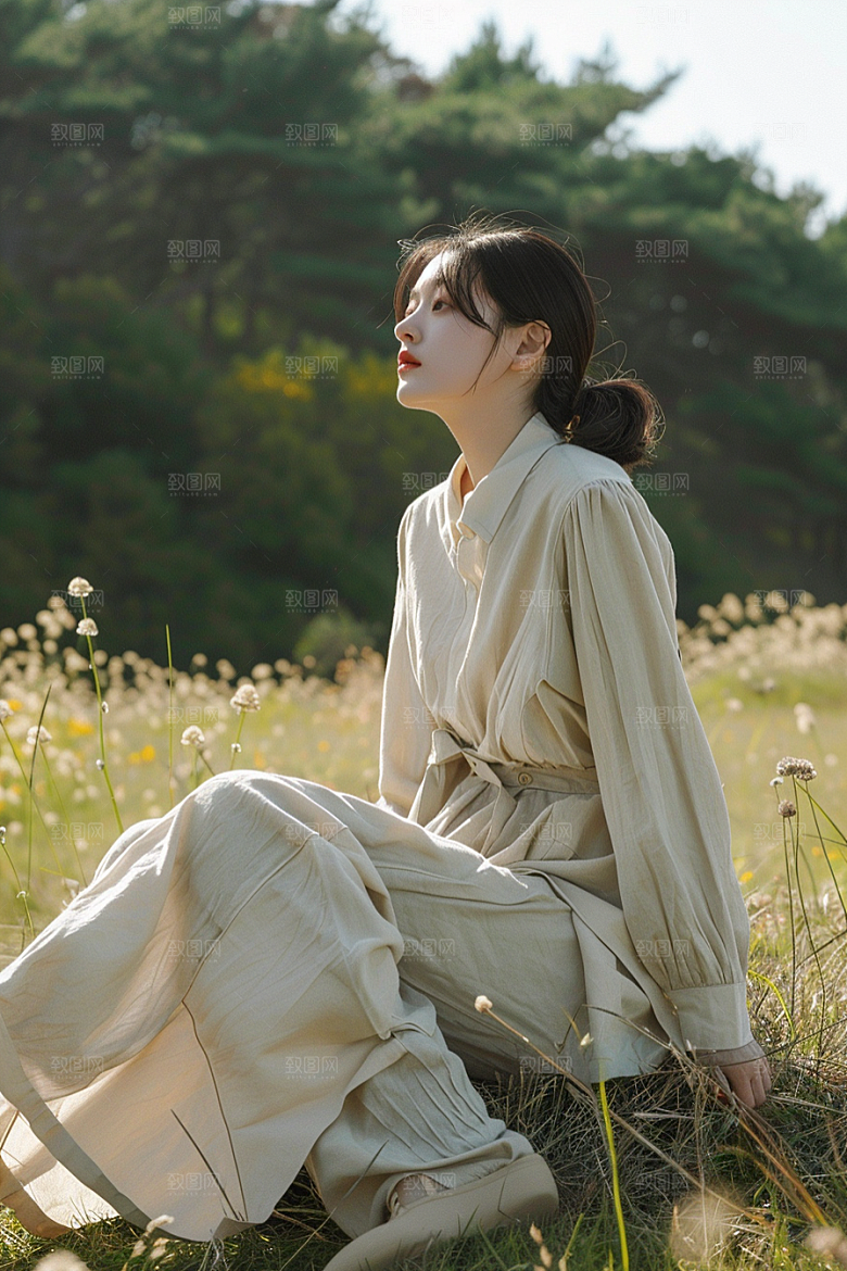 原野人像服装草地摄影图
