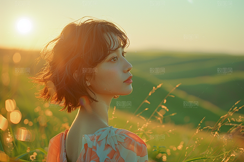 原野人像写真草原摄影图