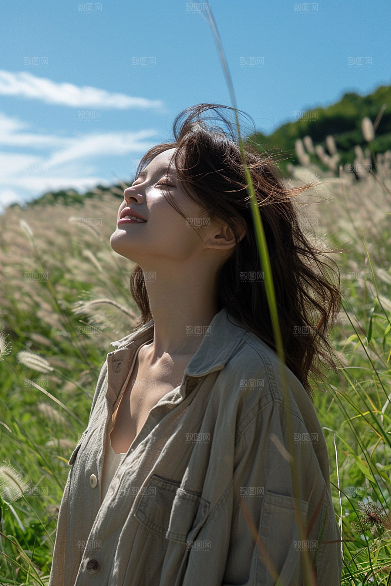 原野人像草地休闲摄影图