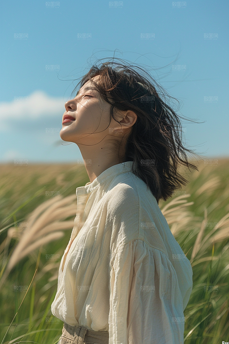 原野人像清新草原摄影图
