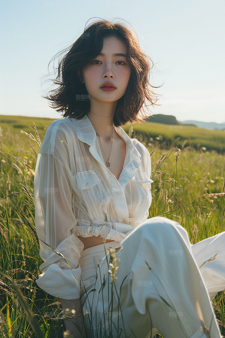 原野人像写真草原摄影图