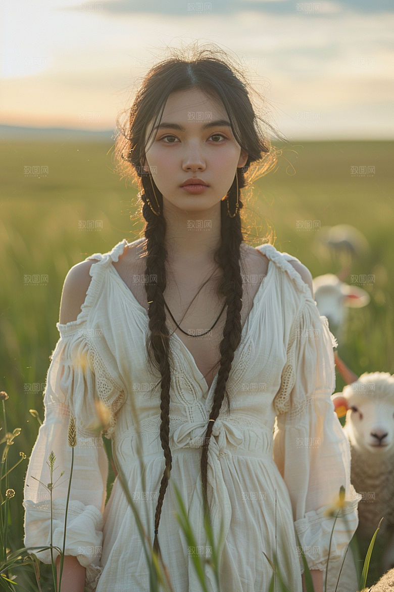 原野人像草原休闲摄影图