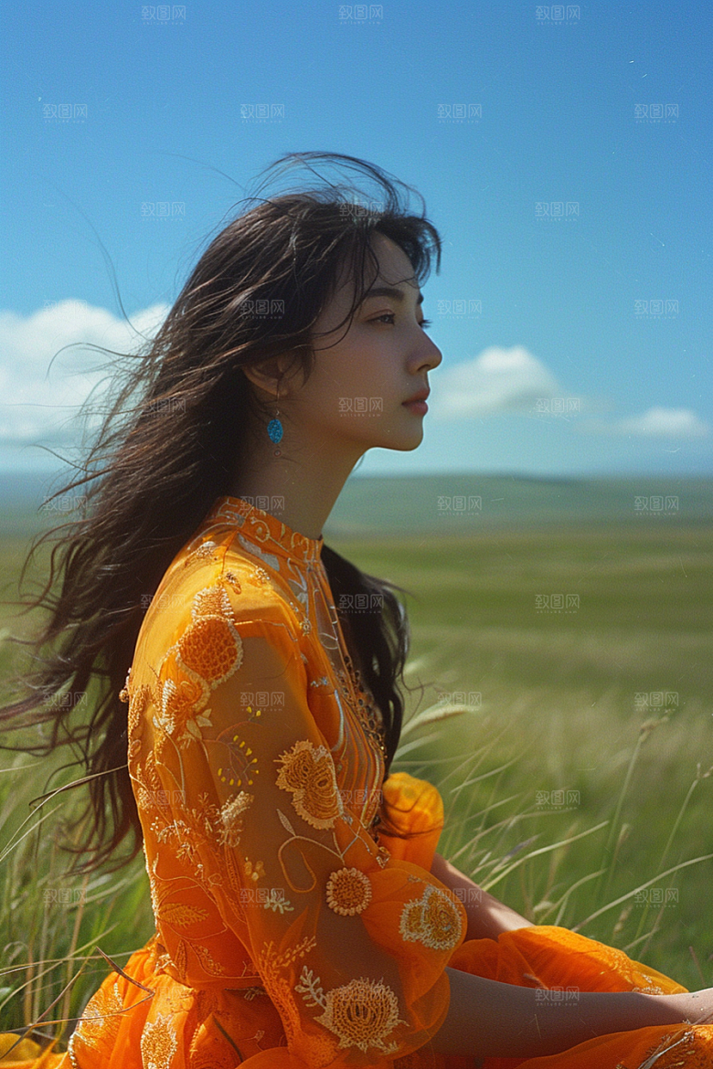 原野人像草地服装摄影图