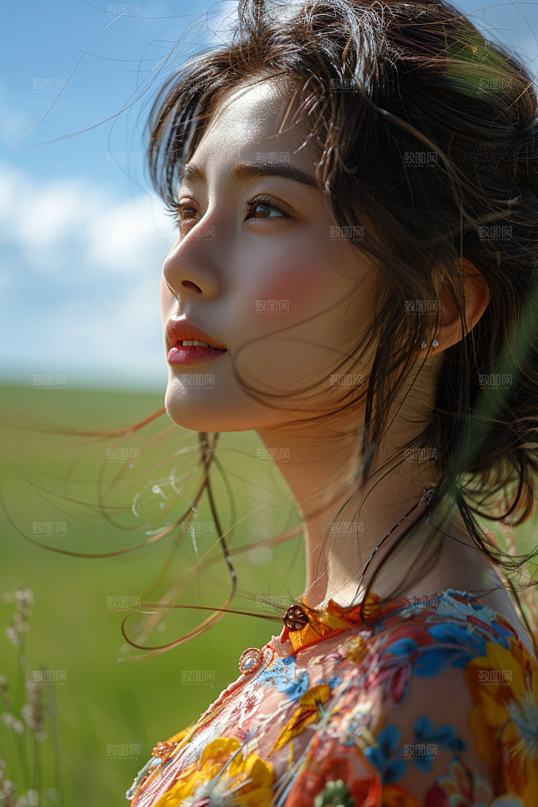 原野人像写真草地摄影图