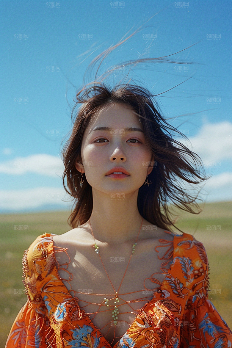 原野人像草原草地摄影图