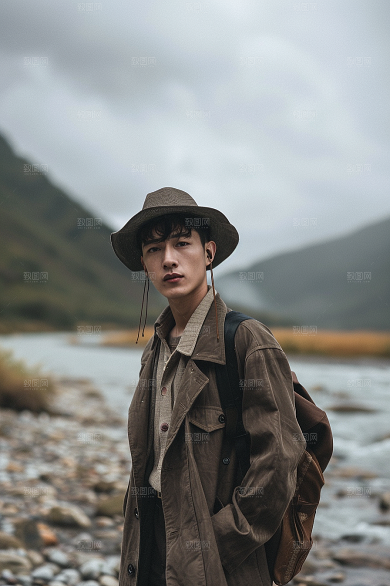 原野人像草原休闲摄影图