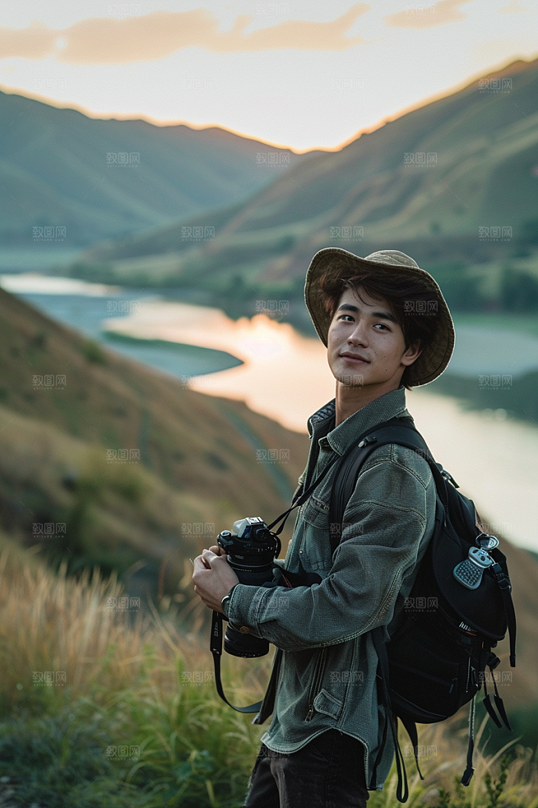 原野人像草地氛围摄影图