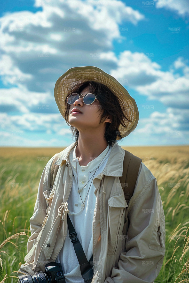 原野人像草地写真摄影图