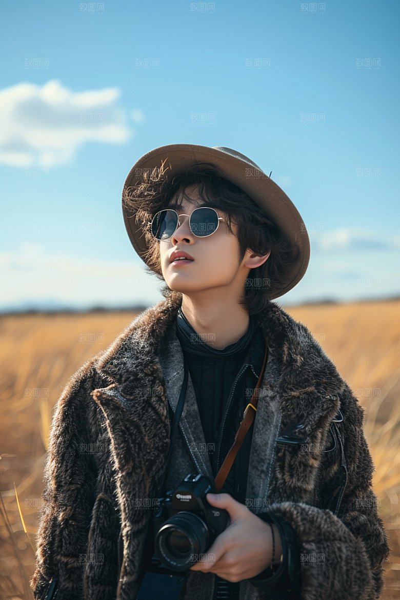原野人像草地写真摄影图