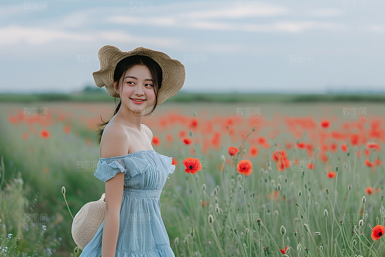 原野人像草地休闲摄影图