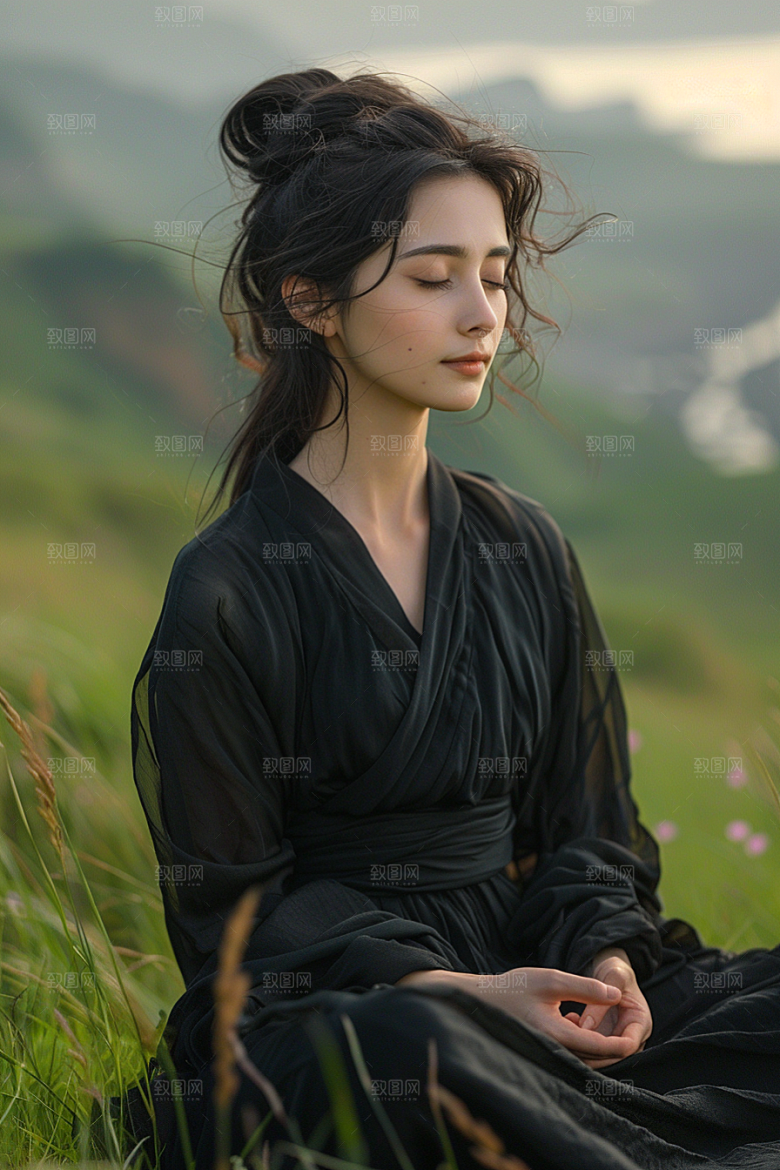 原野人像休闲草地摄影图