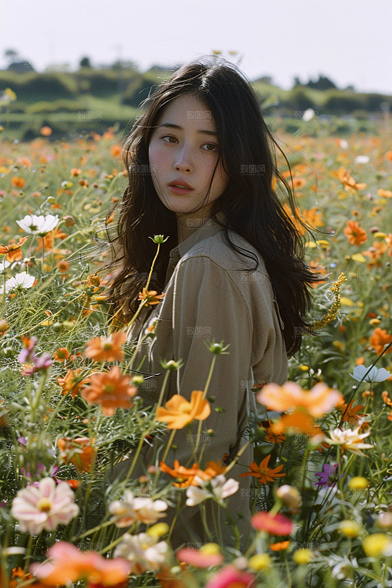 原野人像写真草地摄影图
