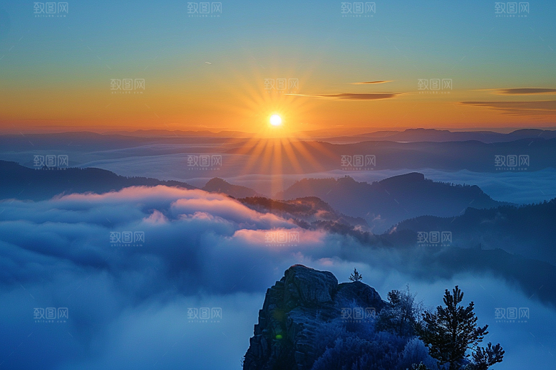 日出玫瑰色天空太阳摄影图