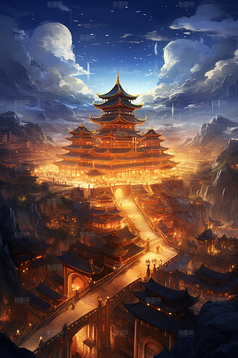 国潮建筑古城赛博朋克原画