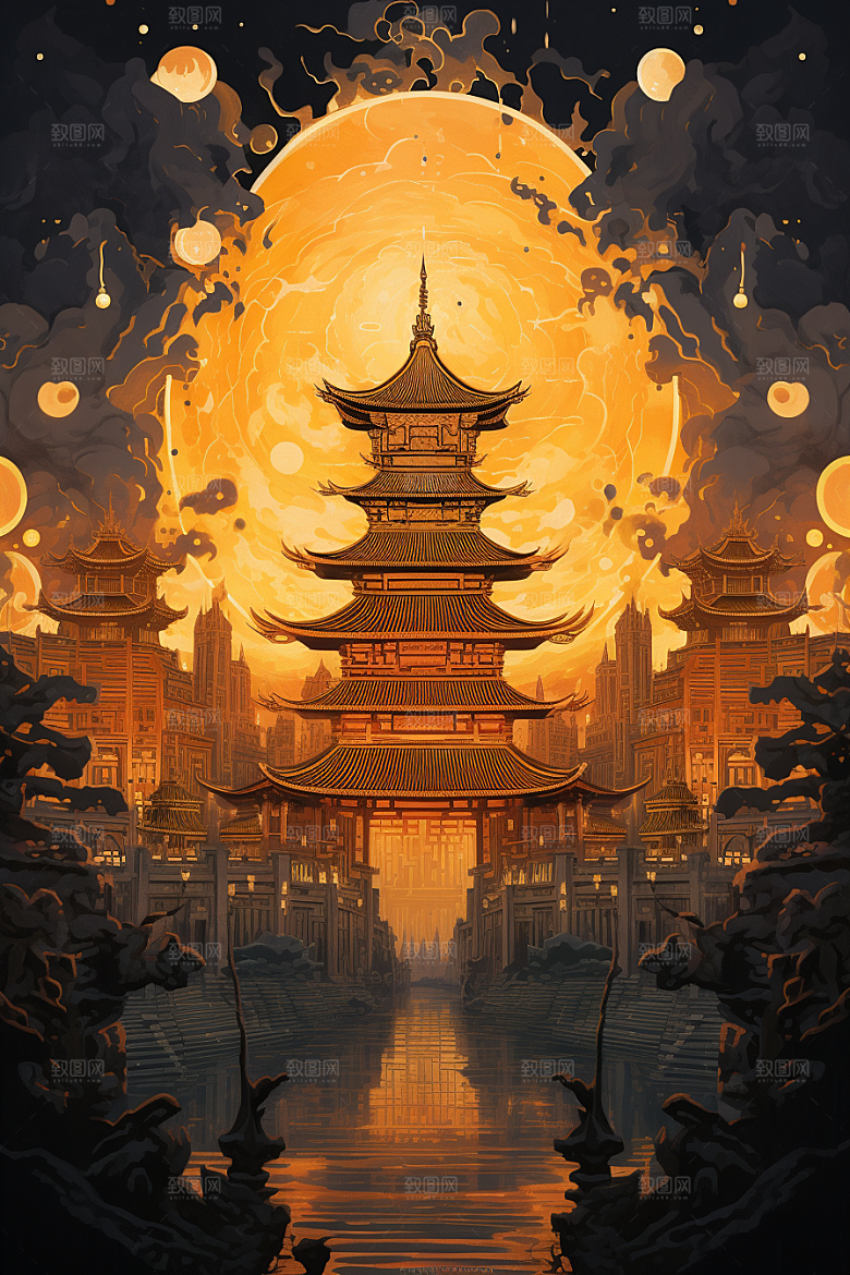 国潮建筑亭台楼阁古城原画