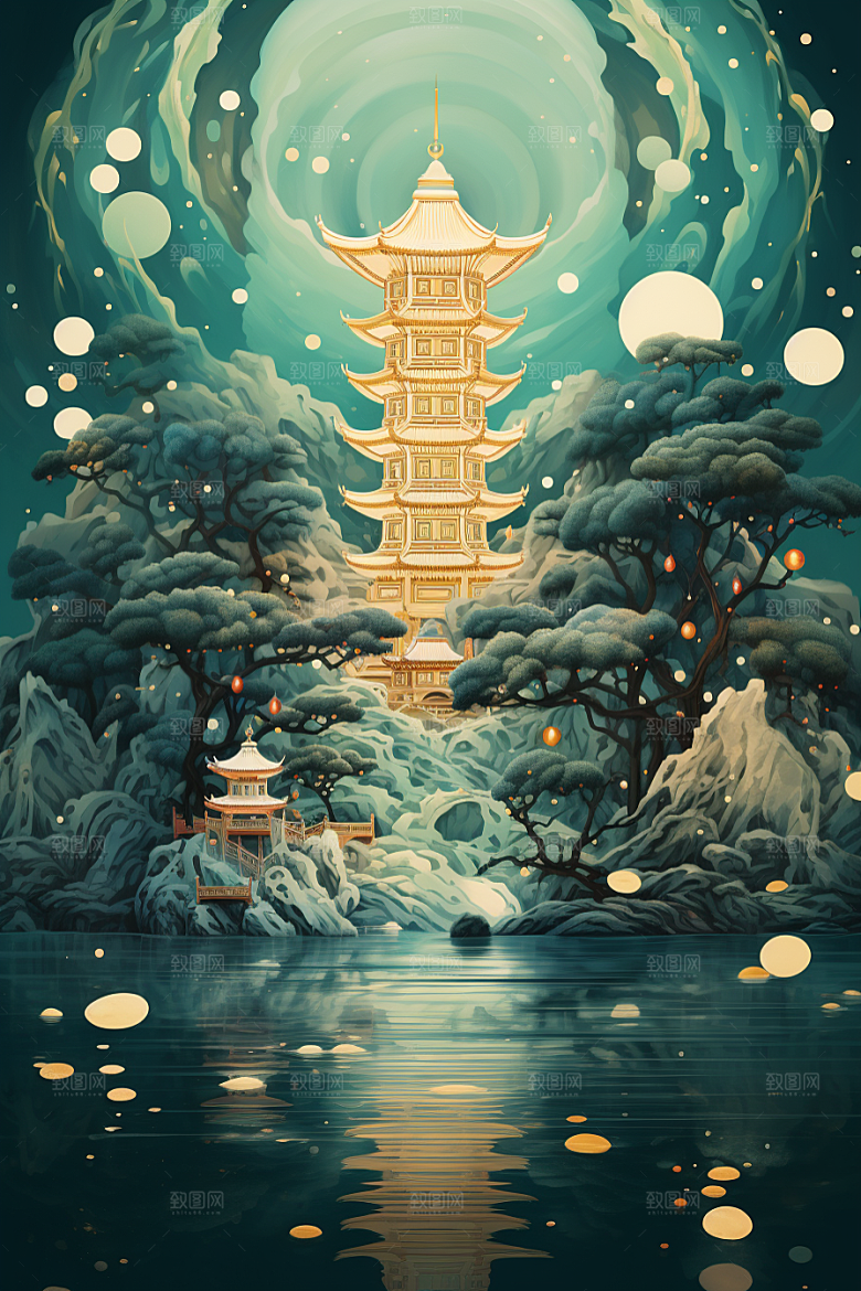 国潮建筑古城古建筑原画