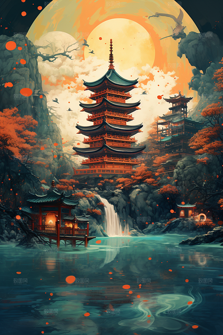 国潮建筑赛博朋克中国传统原画