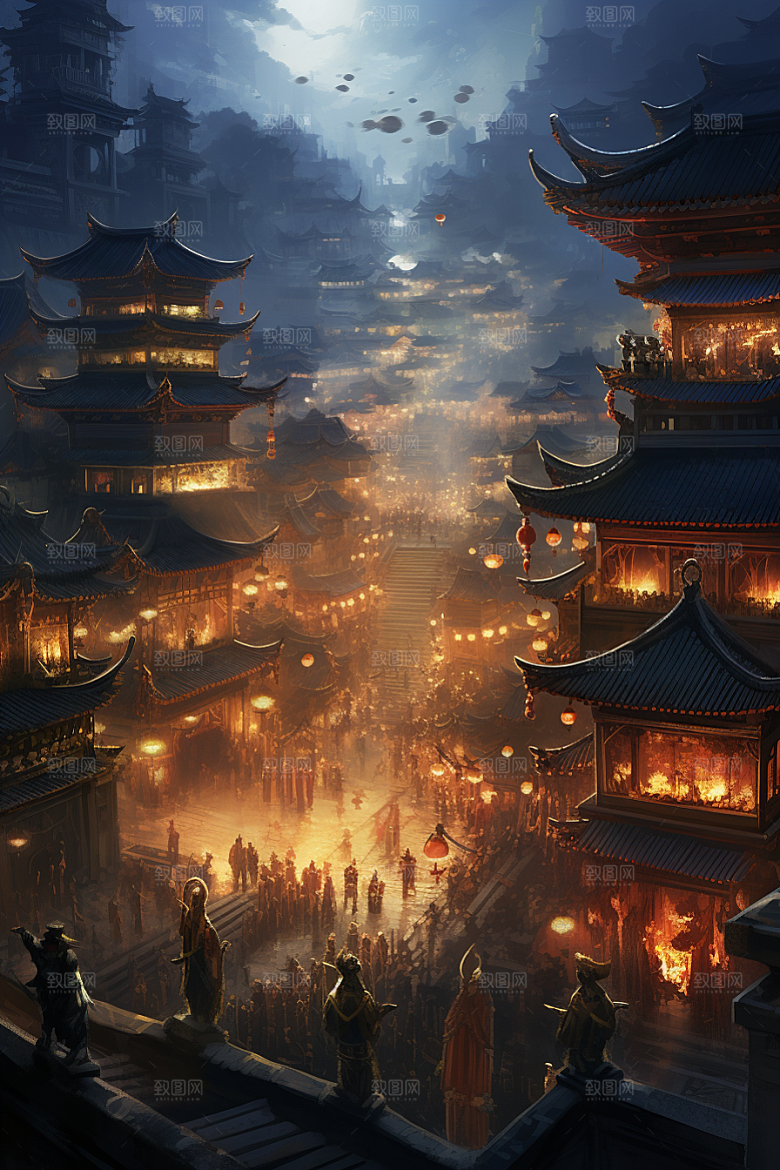 国潮建筑古风古城原画