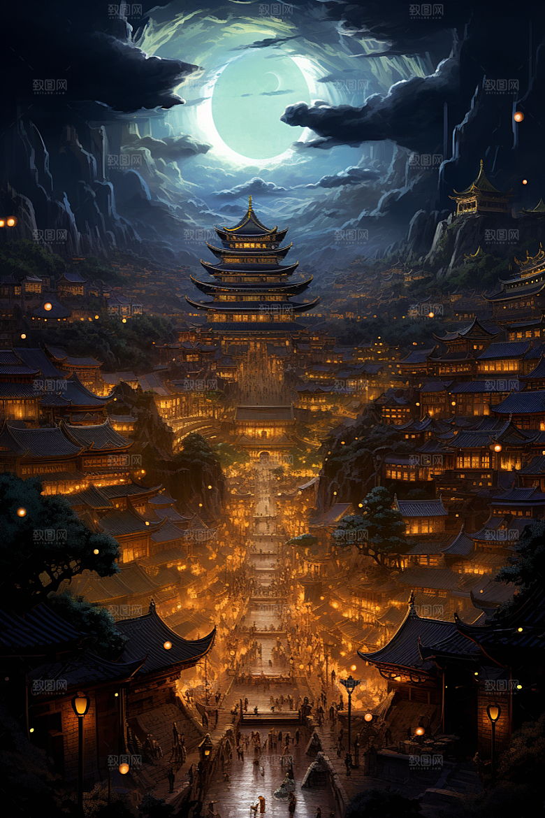 国潮建筑古建筑亭台楼阁原画