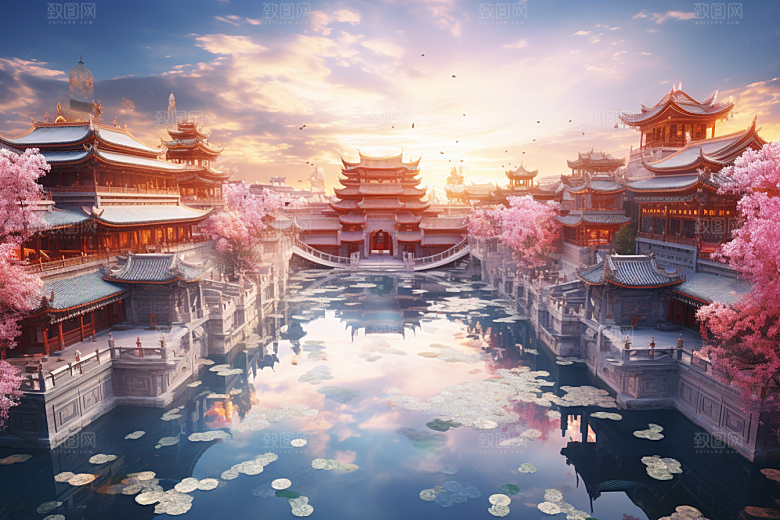 国潮建筑古城中国传统原画