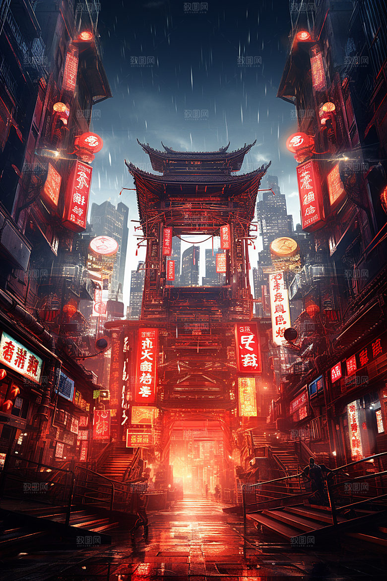 国潮建筑赛博朋克古城原画