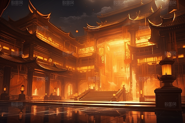 国潮建筑赛博朋克亭台楼阁原画